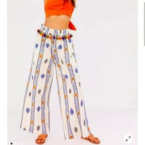 Anthropologie Ollari Pom Pom Wide leg pants blue ivory orange XS
